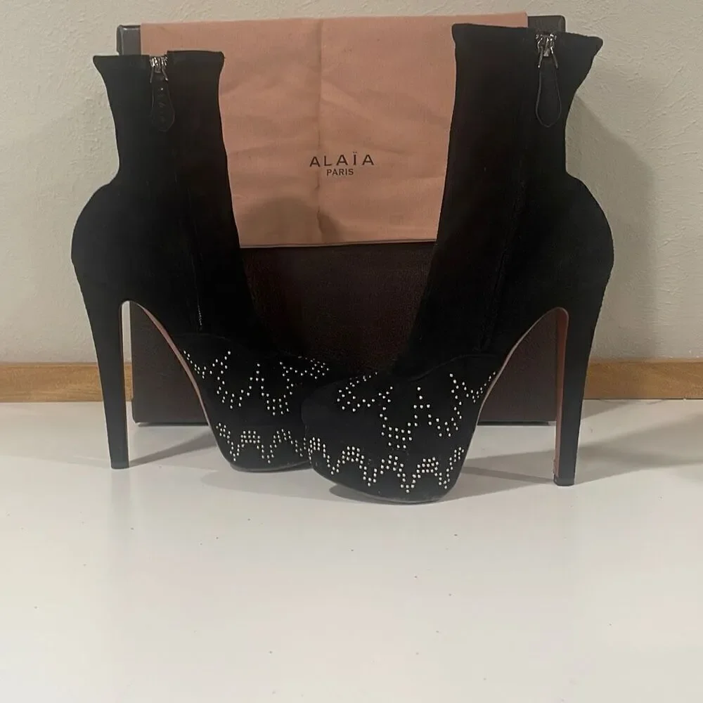 Alaia Black Platform Suede Boots Size 38.5